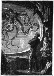 Engraving of Captain Nemo viewing a giant squid from a porthole of the Nautilus submarine, from 20000 Lieues Sous les Mers by Jules Verne. Date 1870 Source This image was originally featured in the Hetzel edition (1870) of 20000 Lieues Sous les Mers, and has also been featured in more recent editions (this particular instance was scanned in from a recent edition).