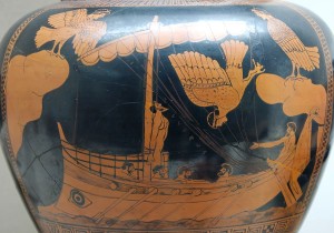 Odysseus and the Sirens. Detail from an Attic red-figured stamnos, ca. 480-470 BC. From Vulci.