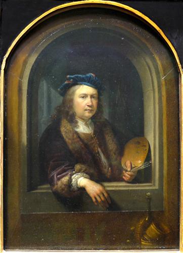 Self-Portrait with a Palette, in a Niche by Gerrit Dou; in the Musee du Louvre in Paris, France. 1655 via WikiArt